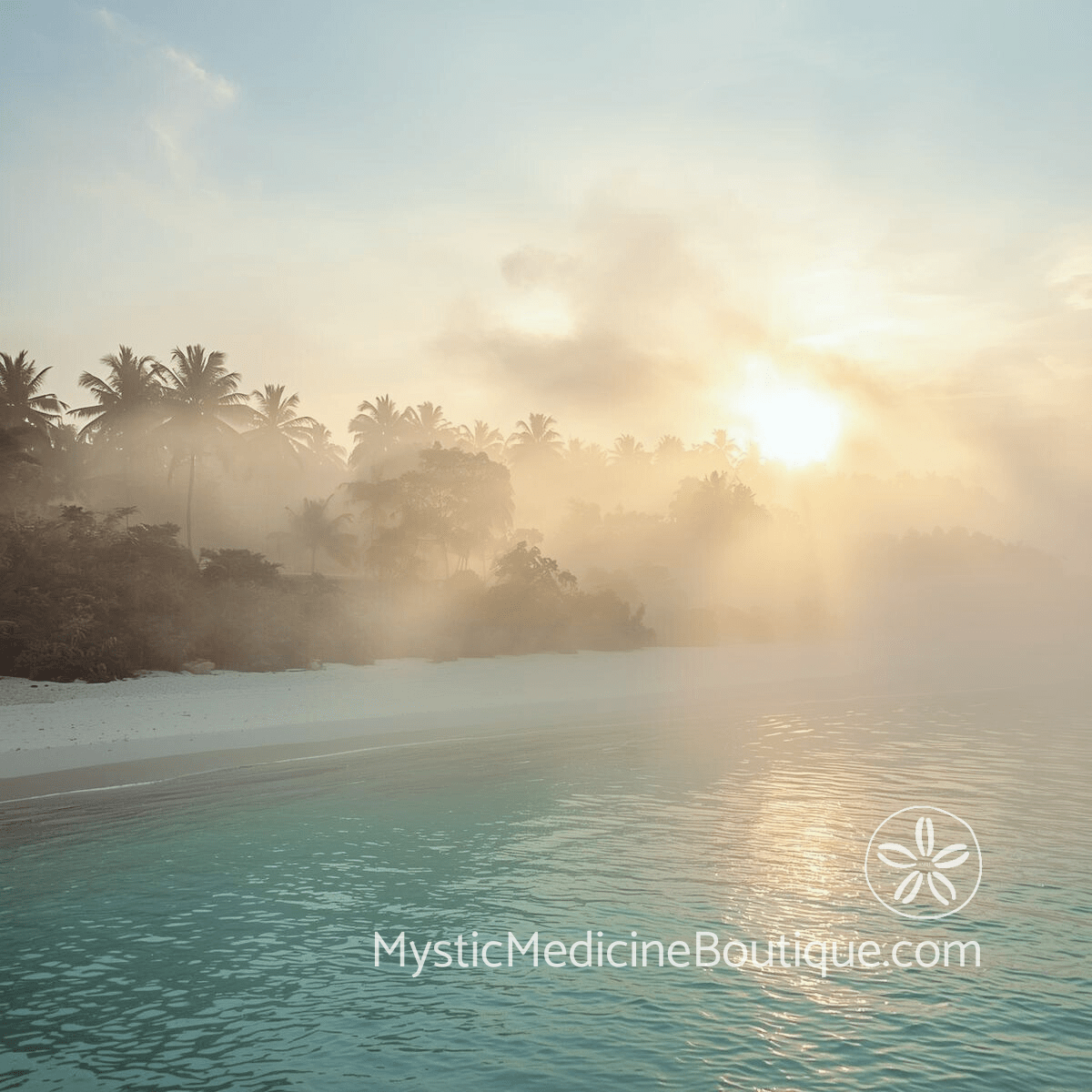 Tropical beach at misty golden sunrise with soft light through haze representing the purifying properties of smoke clearing and herbal energy purification