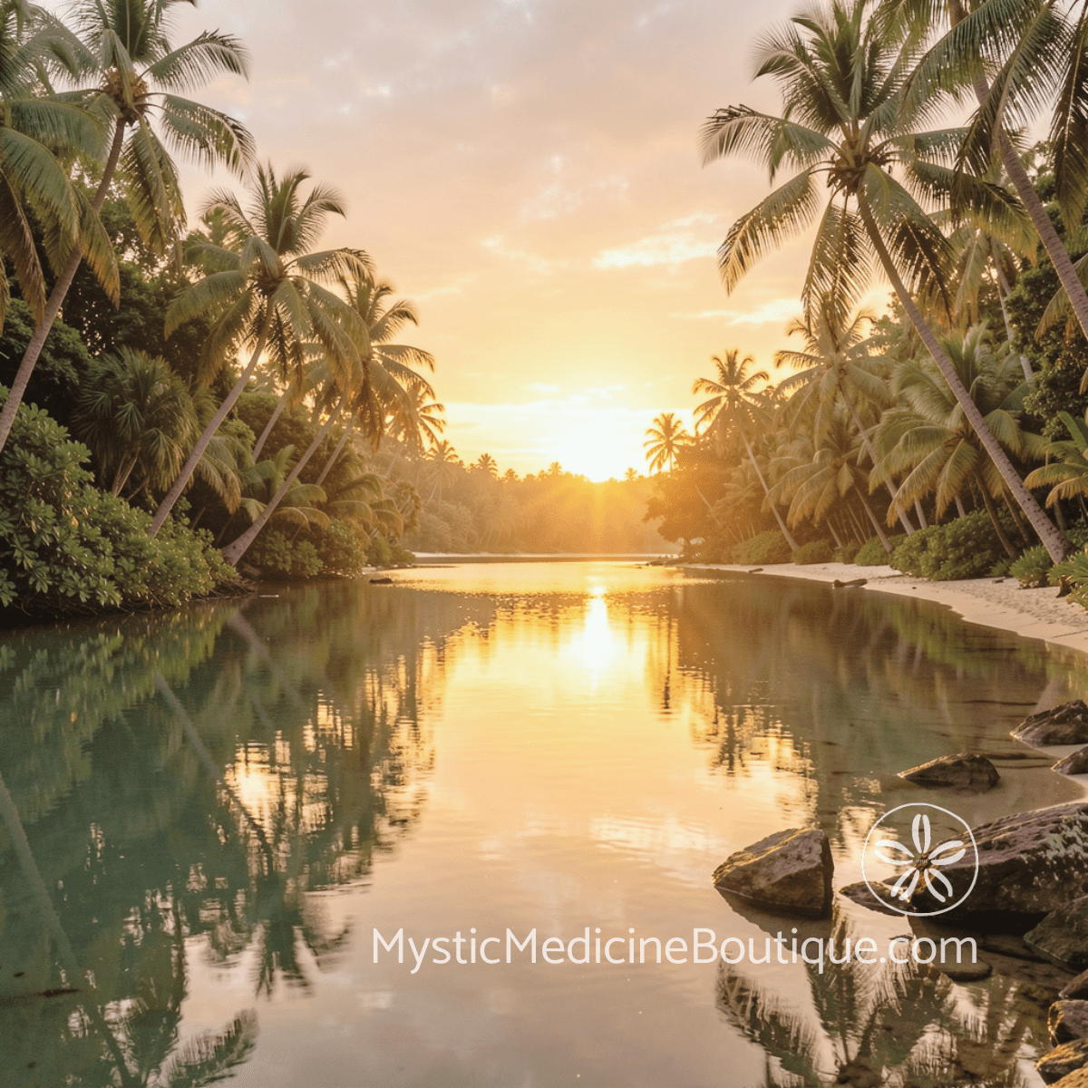 Tropical river at golden sunset with palm trees representing rebuilding connection after social rejection spiritual emergency