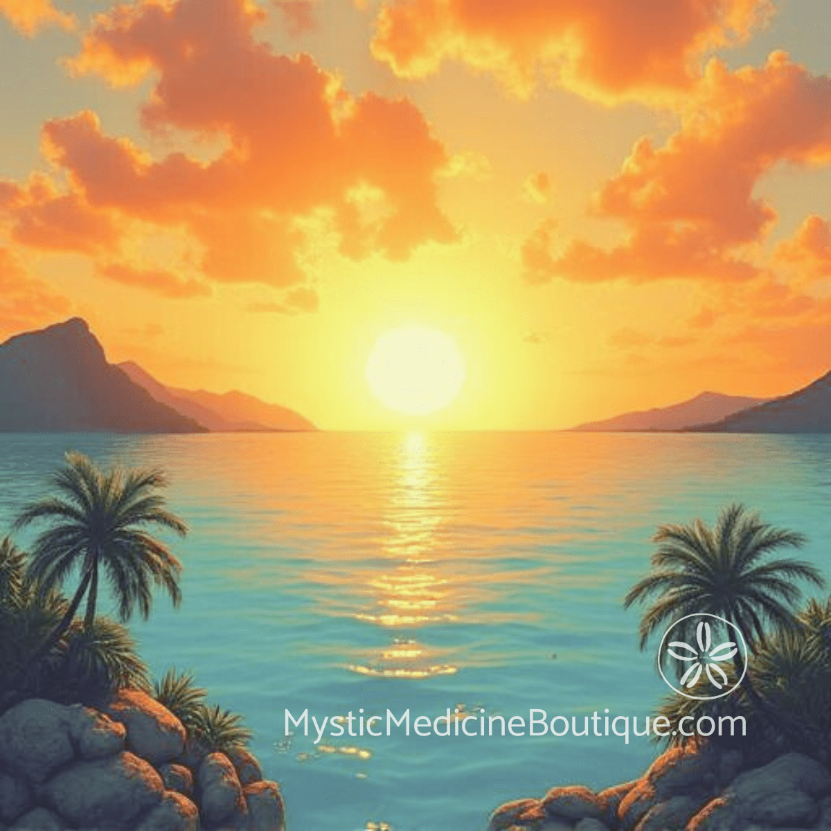 Golden tropical sunset over calm water representing solar plexus chakra energy personal power confidence and transformation