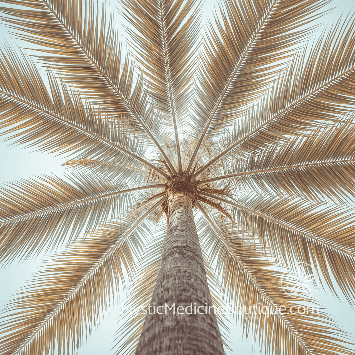 Looking up through tropical palm tree canopy toward hazy sky — solar plexus imbalance in spiritual emergency when you lose all confidence and direction, explained by an RN Reiki Master