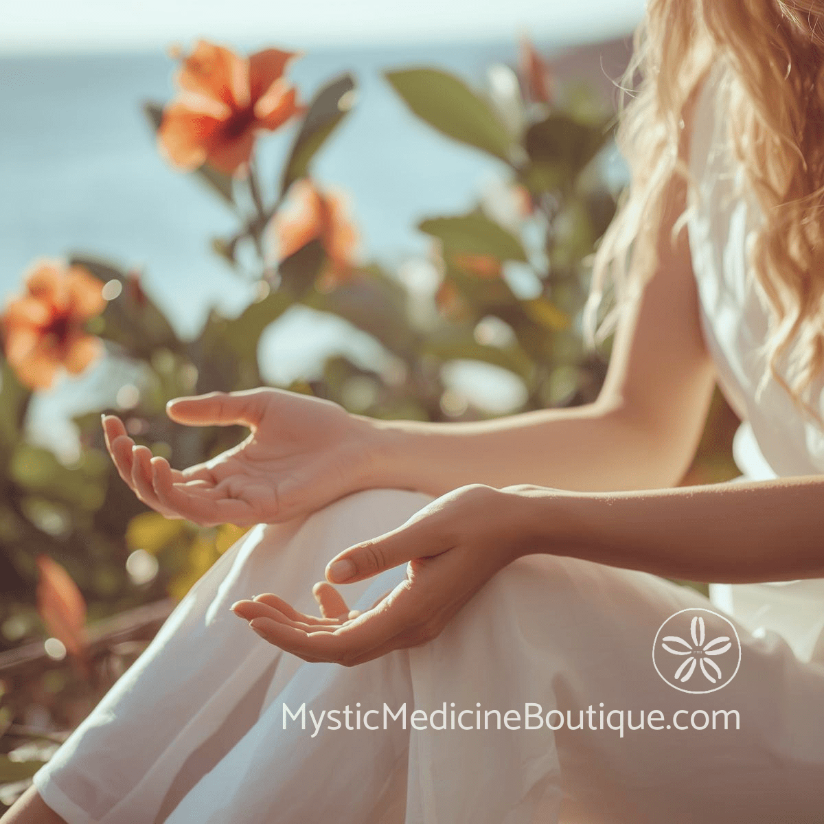 Woman meditating with open hands near tropical hibiscus flowers and ocean, representing somatic signs of shadow work active during chronic illness