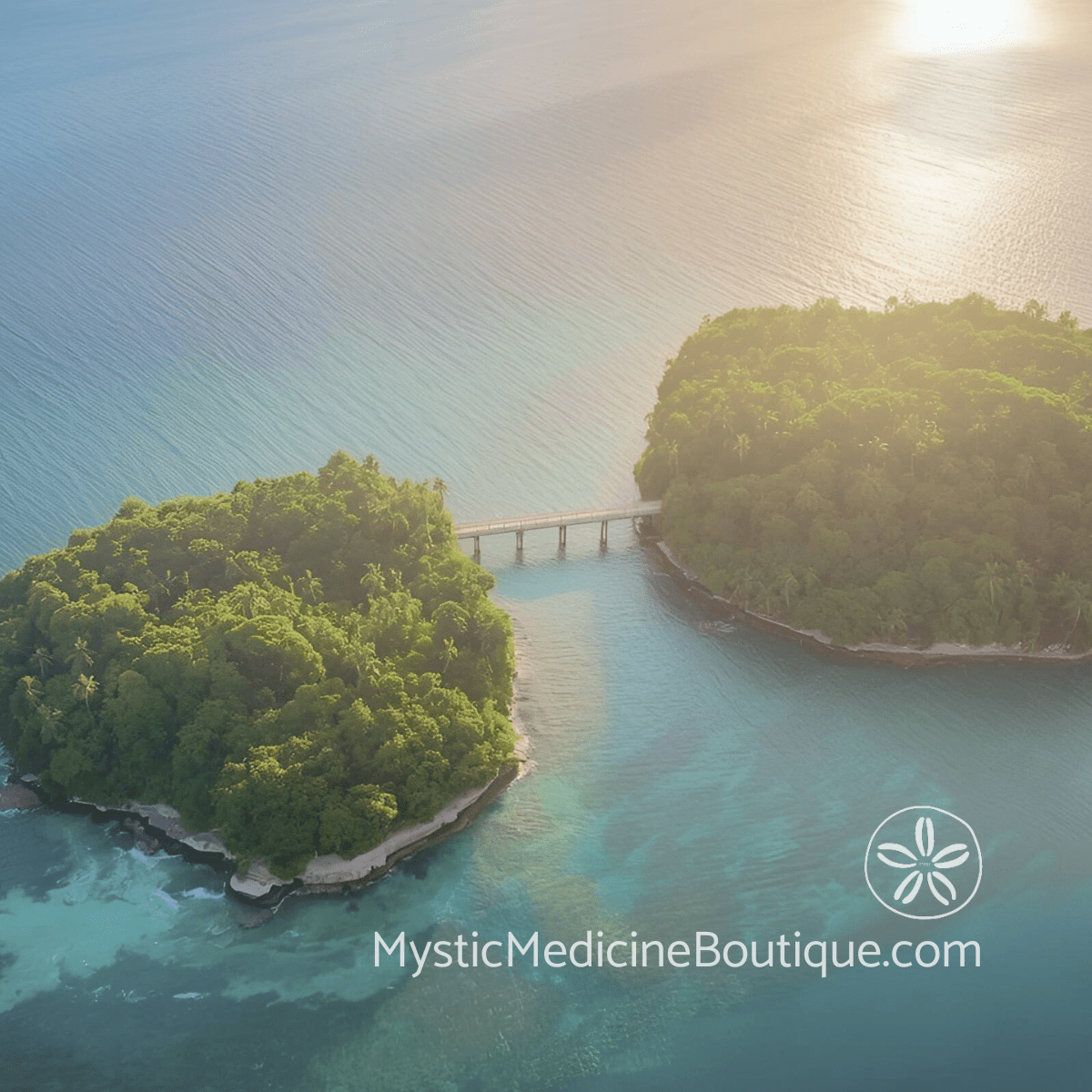 Aerial view of tropical island connected by bridge representing the integrated RN and Reiki Master perspective on soulmate twin flame spiritual emergency