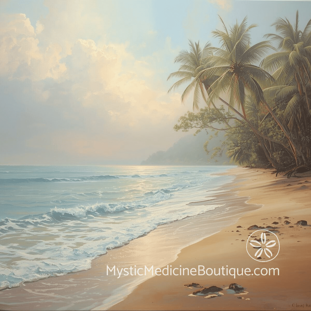 Calm tropical beach at sunrise representing spiritual boundaries and energy protection during illness