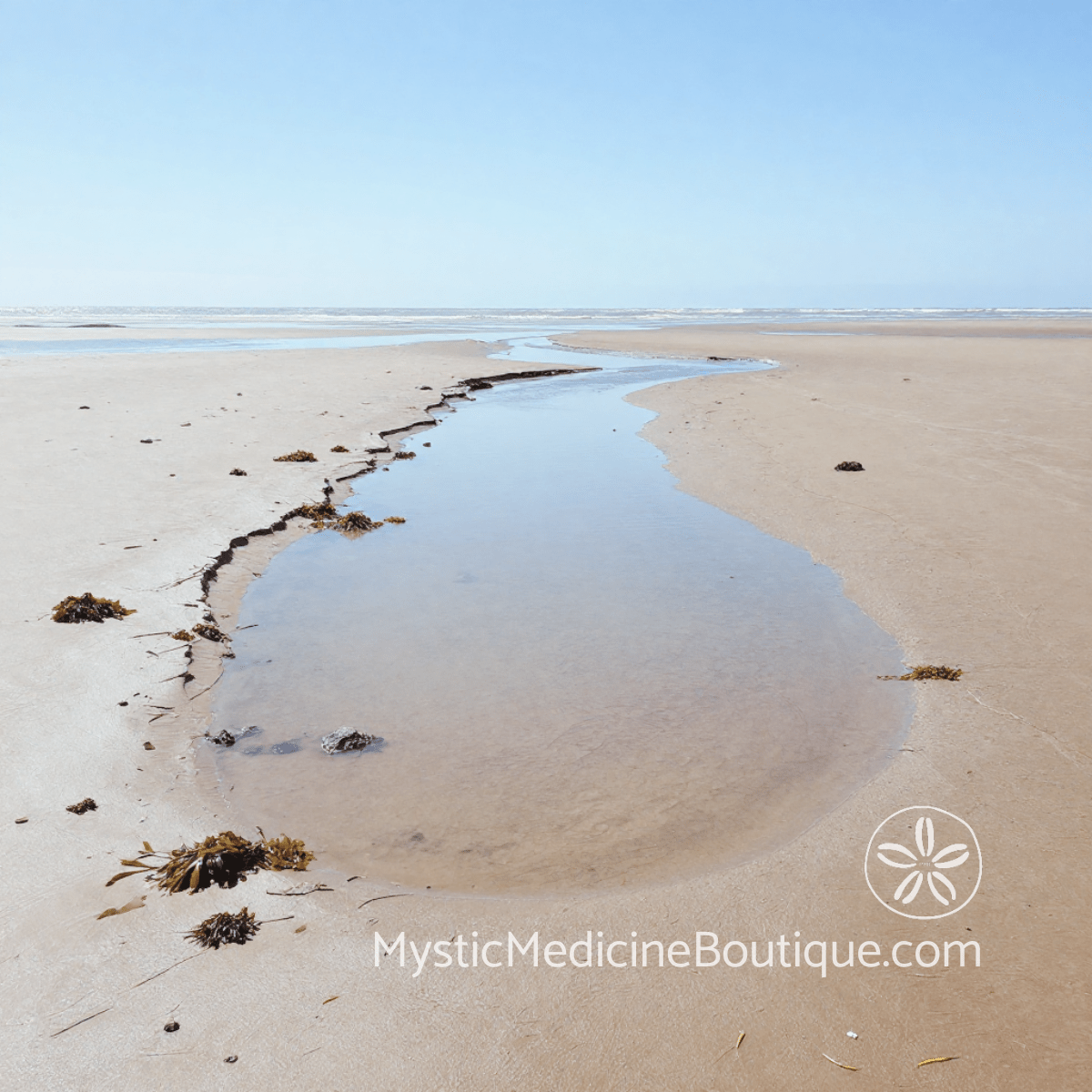 Shallow tidal pool draining toward open sea on empty beach representing spiritual burnout vs fatigue vs exhaustion spectrum — Mystic Medicine Boutique