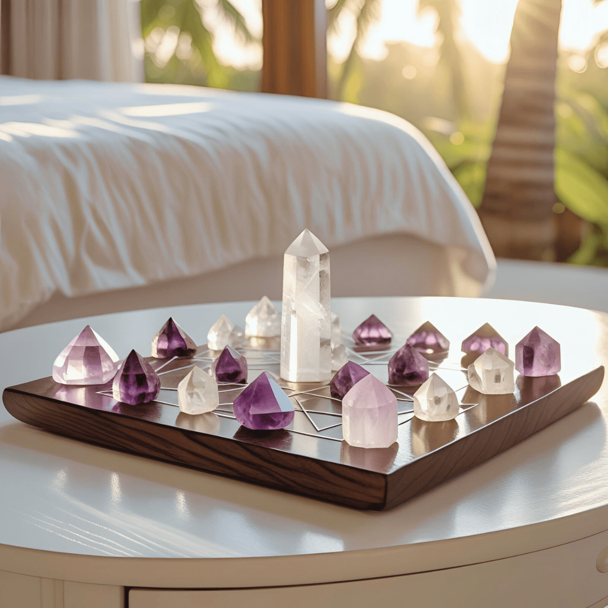Crystal grid with amethyst points and clear quartz towers arranged on a wooden board with warm tropical light, representing how to create a spiritual emergency crystal grid for energetic grounding and stabilization during spiritual crisis