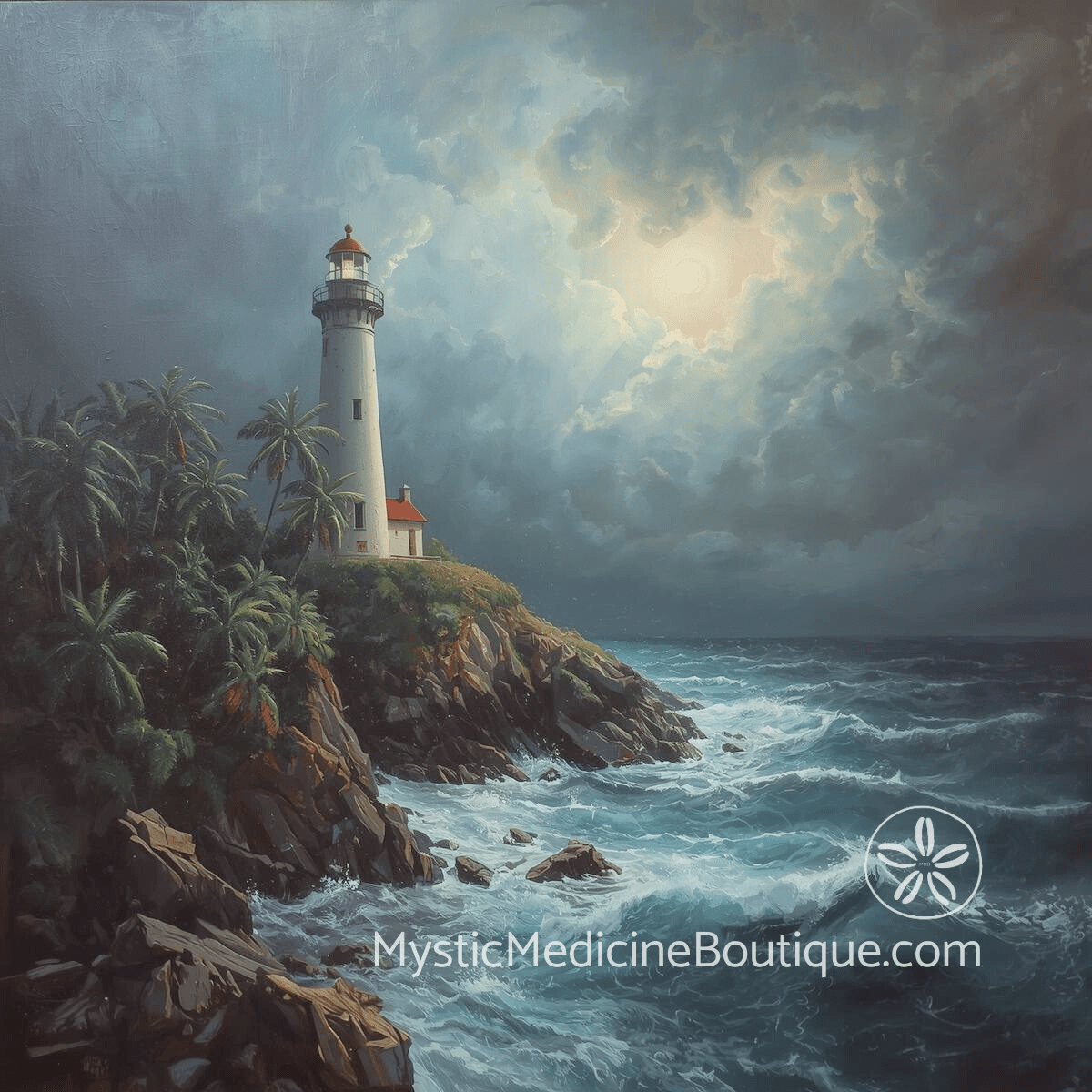 Illustrated lighthouse on rocky island amid storm waves representing the search for guidance and truth after spiritual mentor betrayal shatters trust