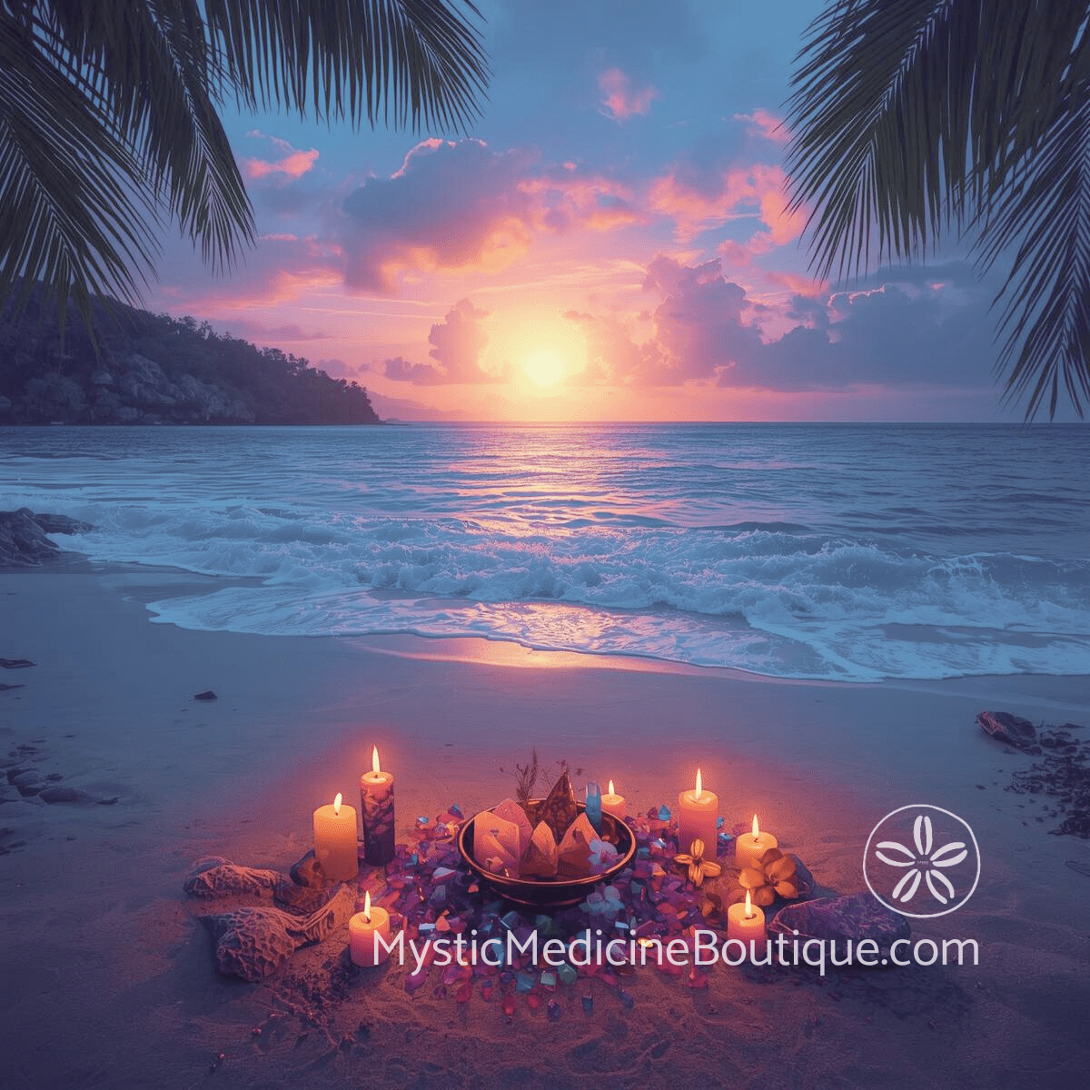 Beach sunset with candle altar representing spiritual practice boundaries and protecting sacred space rituals from interruption
