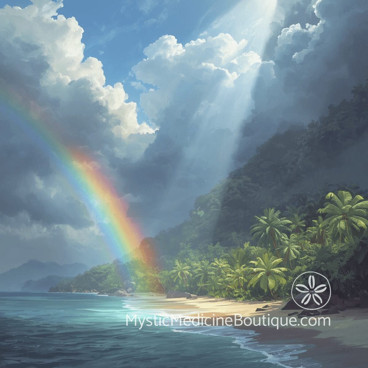 Tropical beach with rainbow and dramatic storm clouds — spiritual protection during life transitions