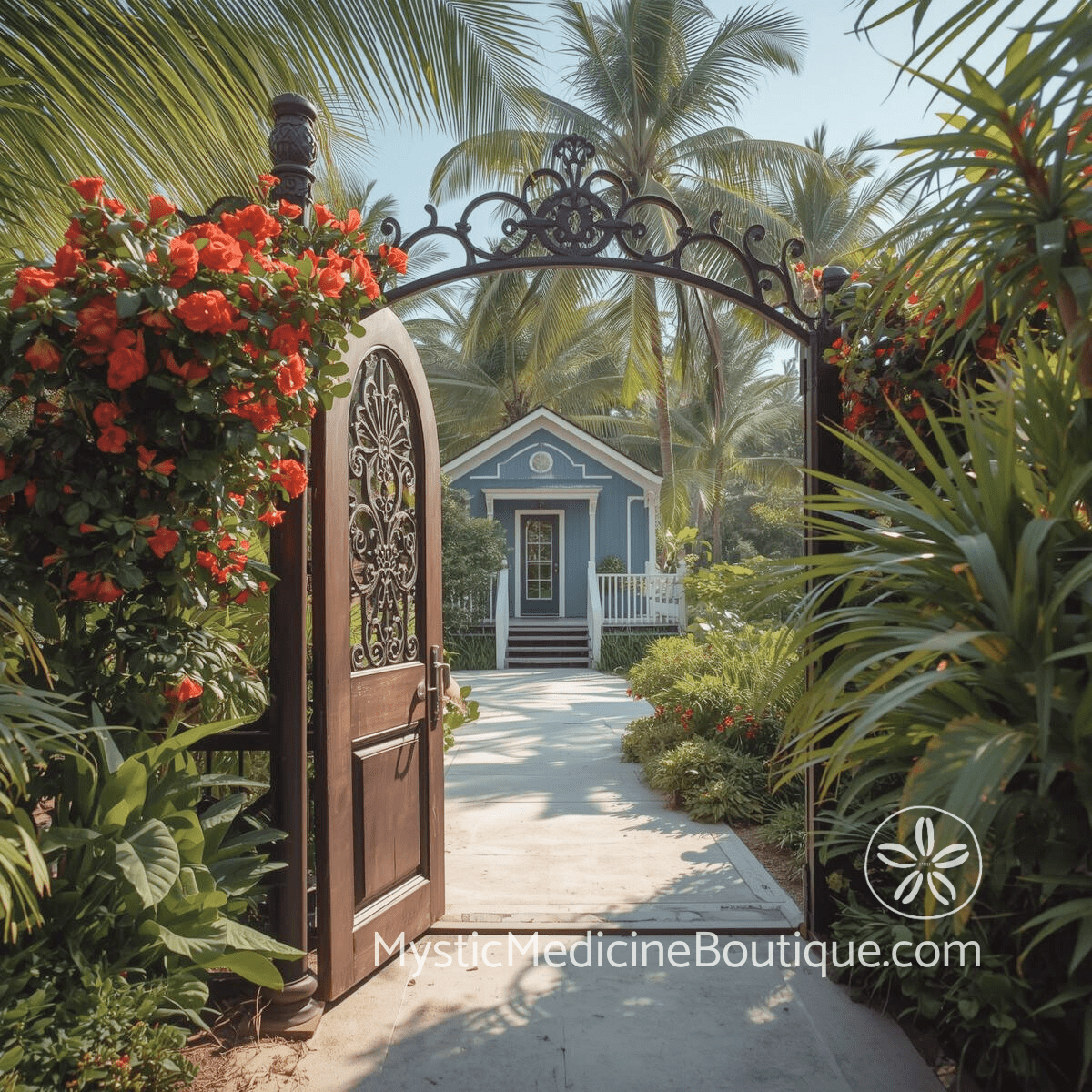 Tropical home entrance with ornate gate representing spiritual protection during moving and sacred sanctuary creation