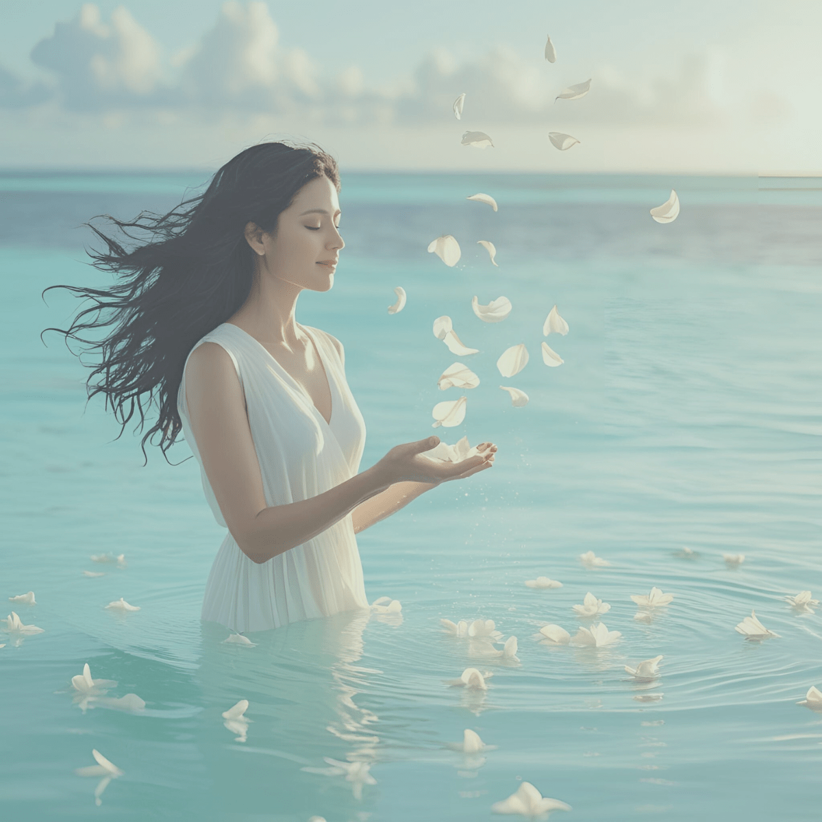 Woman in white dress standing in calm turquoise water with white flower petals floating around her hands, representing how to navigate spiritual reckoning and move through each phase of the spiritual reckoning process