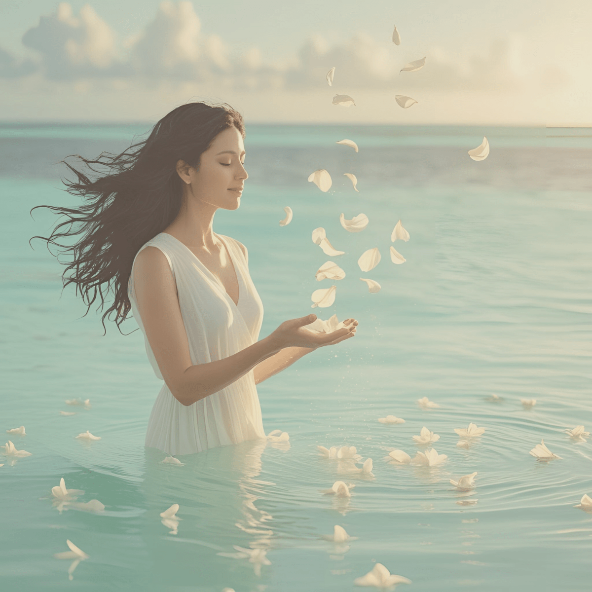 Woman in white standing in calm water representing the discernment needed to distinguish between spiritual reckoning and spiritual crisis