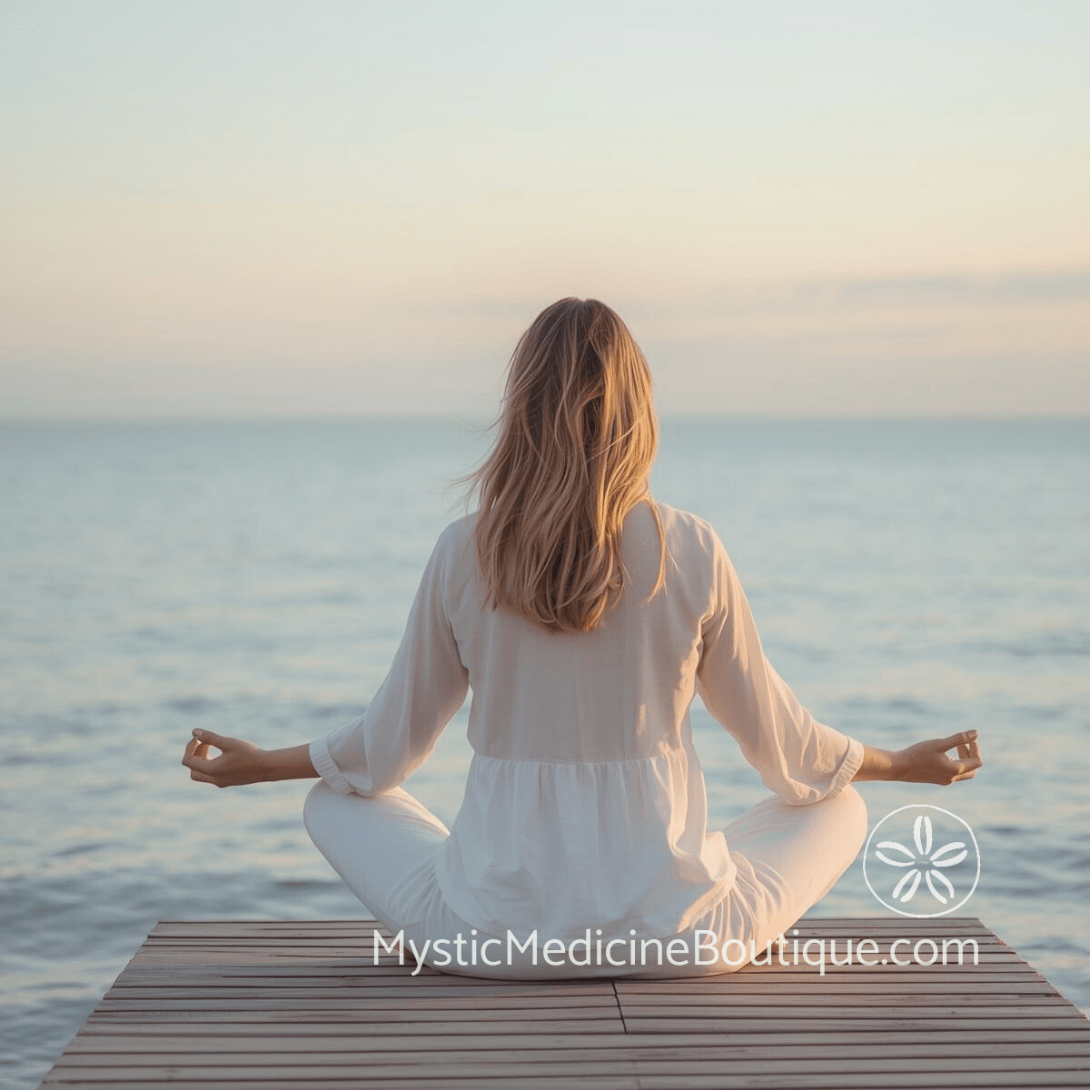Woman in white clothing seated in meditation pose on wooden dock facing calm ocean at dawn.