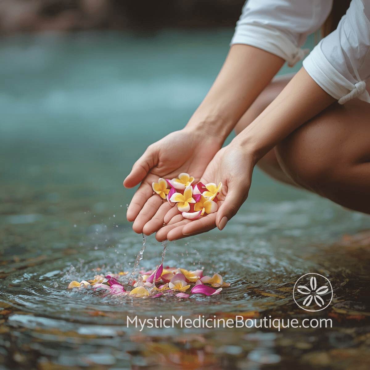 Hands holding frangipani flowers over water representing spiritual shielding during caregiving and protecting your energy while supporting others