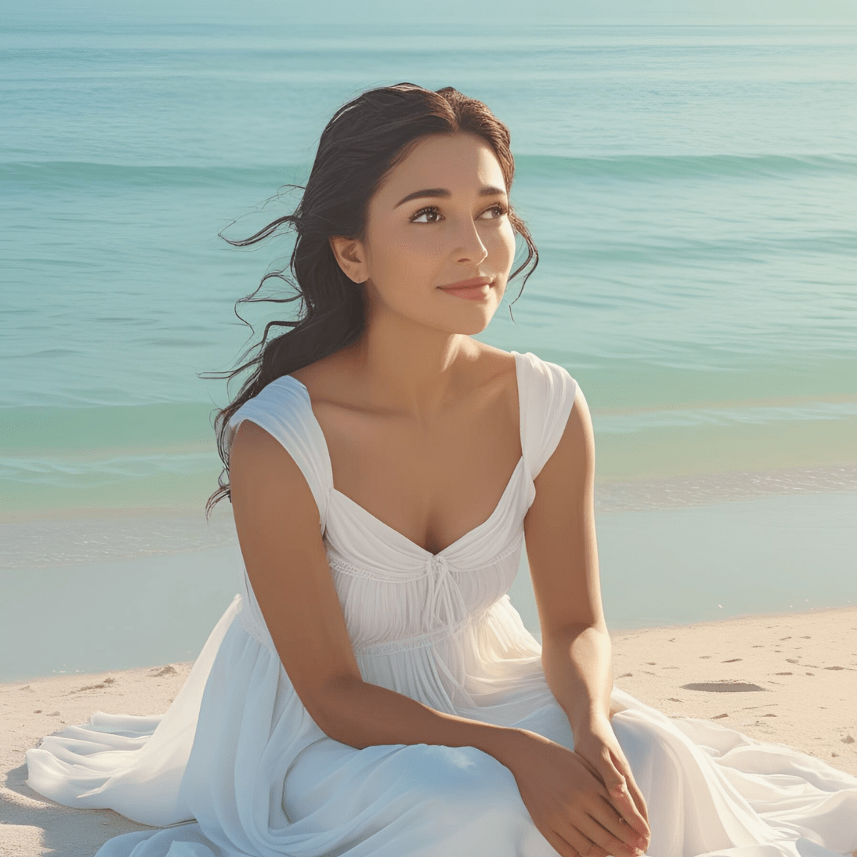 Woman in white dress sitting on tropical beach looking toward the ocean representing the spiritual support and grounding needed during overwhelming grief