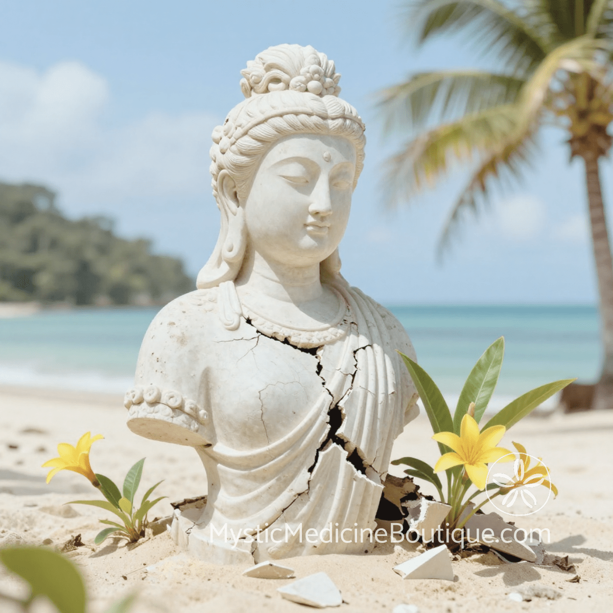 Cracked stone Buddha on tropical beach representing the shattering of spiritual faith and trust when a spiritual teacher betrays students