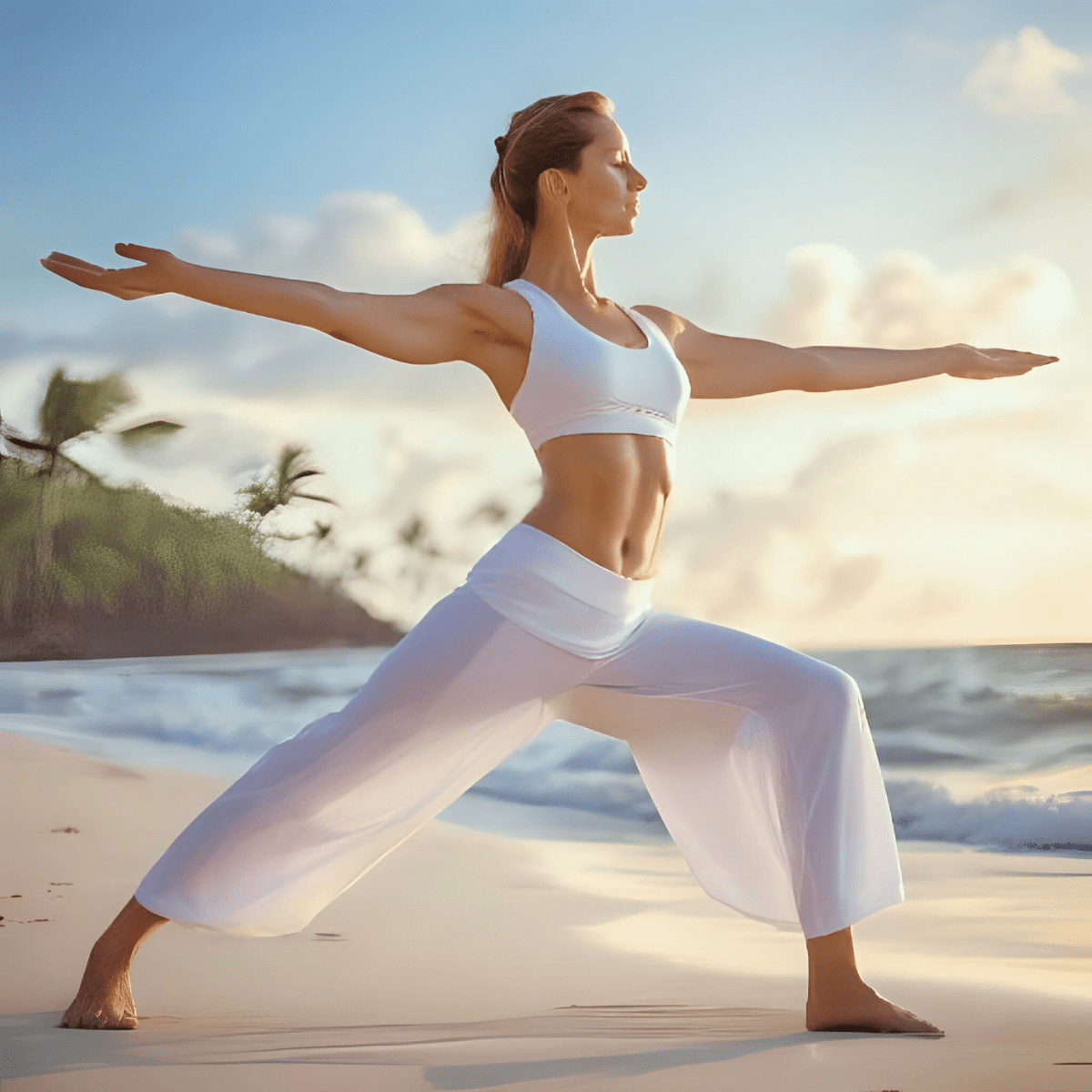 Woman in warrior yoga pose on tropical beach representing the spiritual warrior journey and the inner battles of conscious transformation