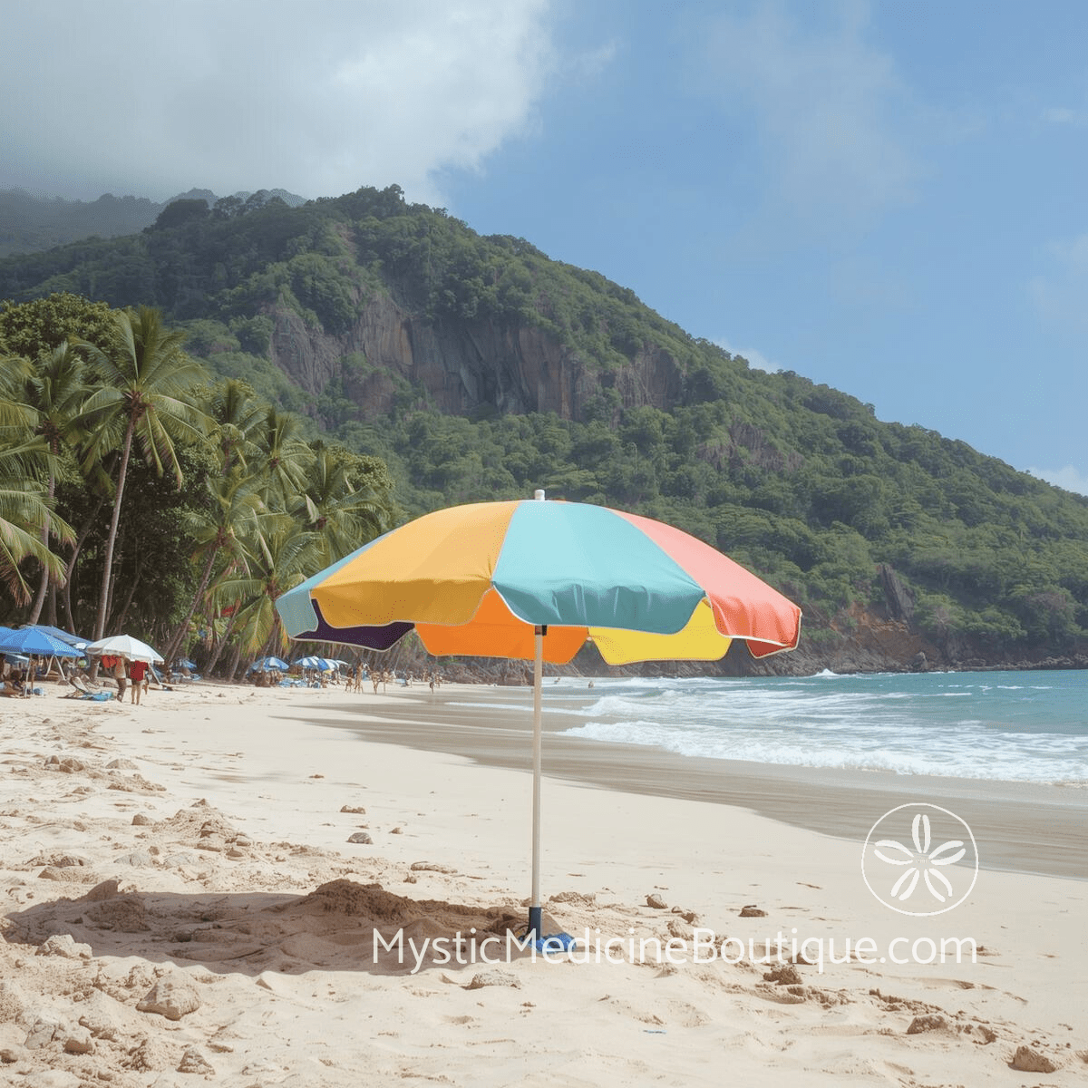 Colorful beach umbrella on a quiet tropical shore, evoking spiritual boundaries that protect your energy in public spaces
