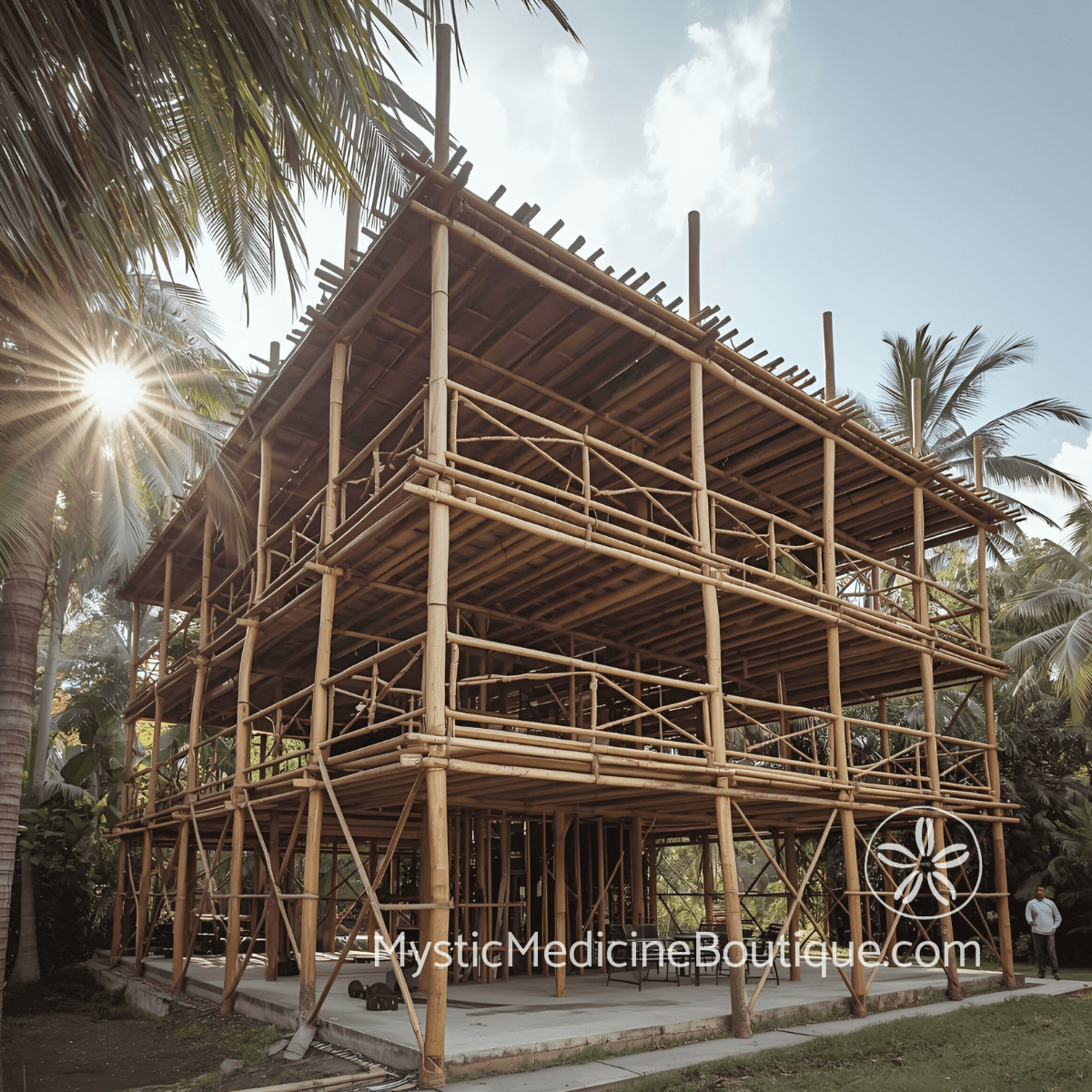 Bamboo structure under construction amid tropical palms representing the gradual rebuilding of identity and foundation after bankruptcy spiritual emergency