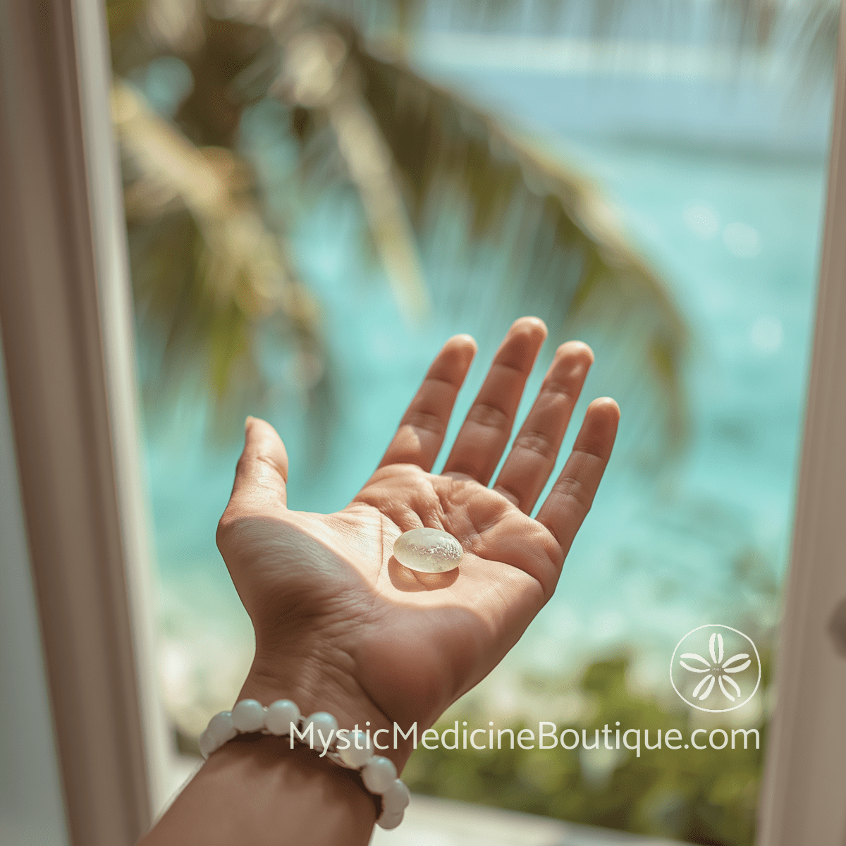 Moonstone in an open palm in soft coastal light — sustaining empath energy through life transitions and emotionally heavy seasons, RN Reiki Master explains