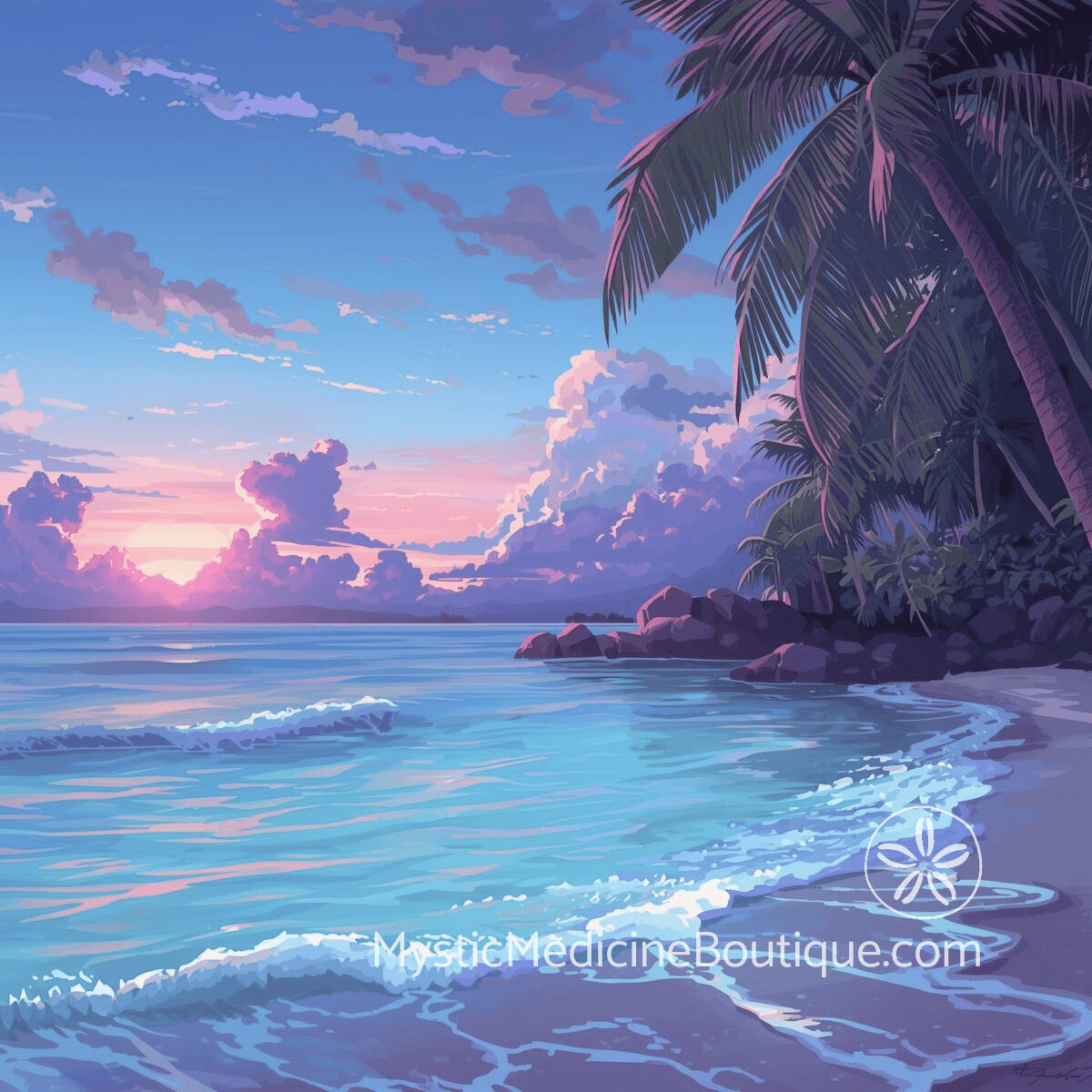 Tropical beach at sunset with palm trees representing third eye chakra intuition awakening and safe development of inner wisdom and perception