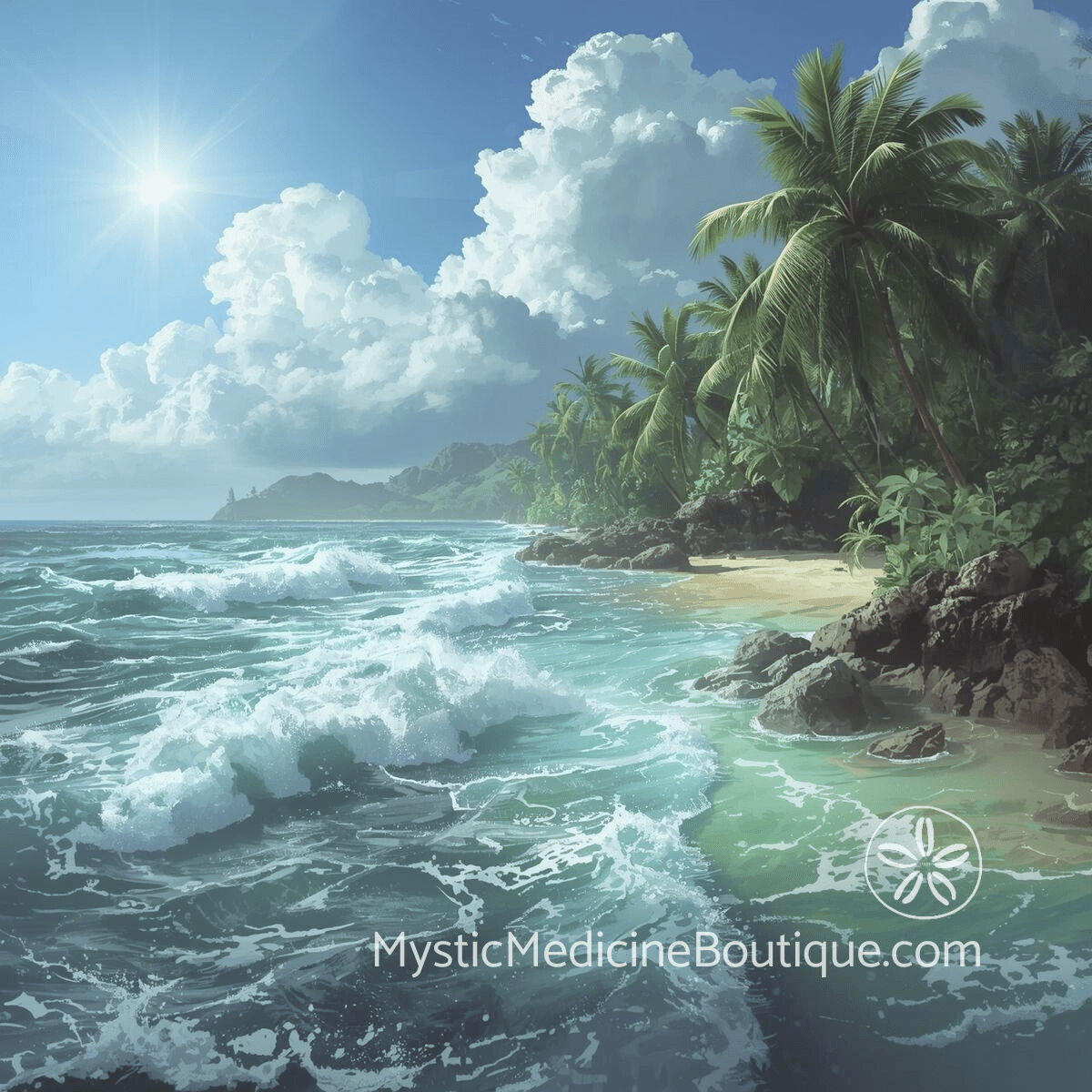 Dramatic tropical beach with crashing waves and sunlight through storm clouds representing the overwhelming intensity of third eye awakening during spiritual emergency