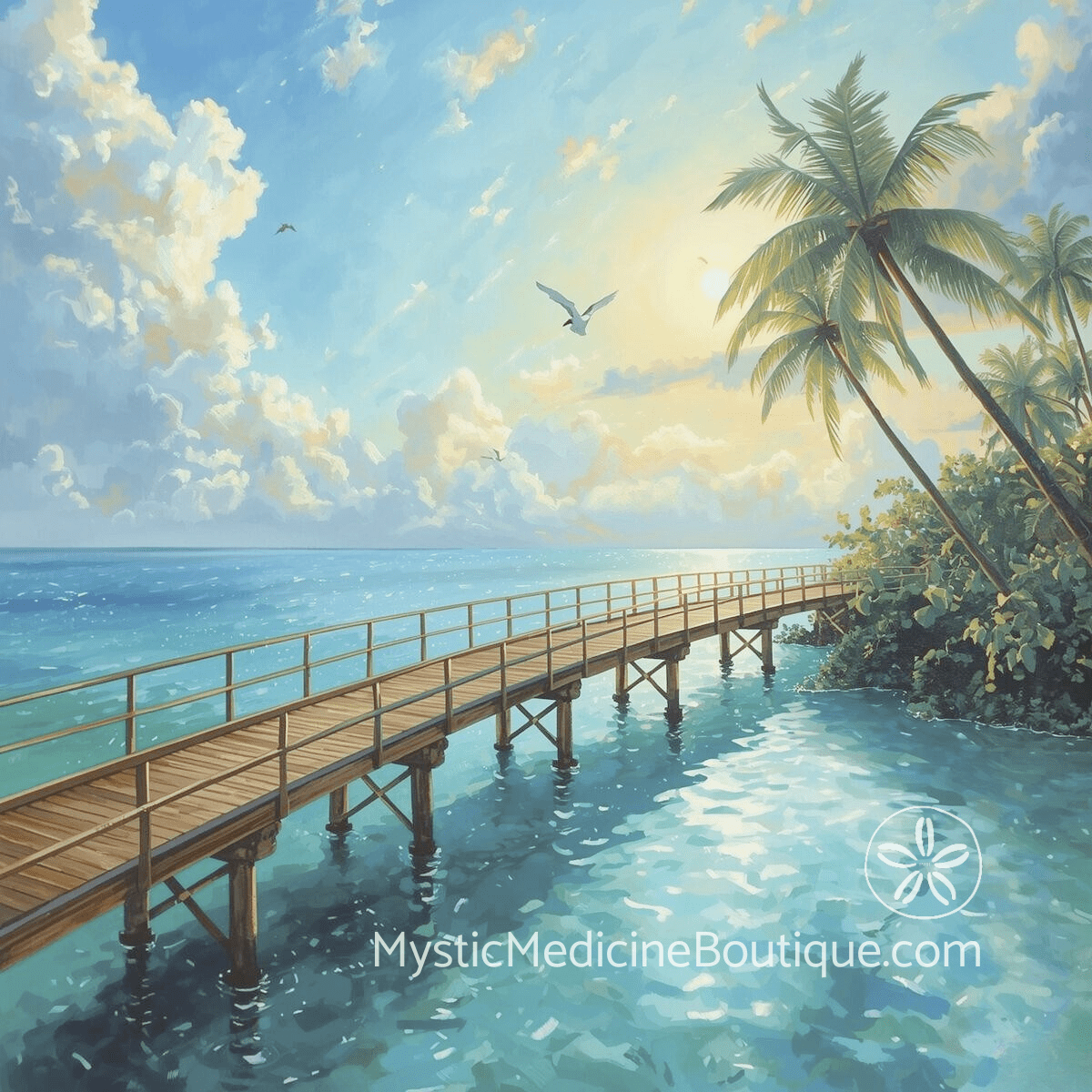 Tropical pier over calm water with palms representing clarity and expanded perception in third eye awakening