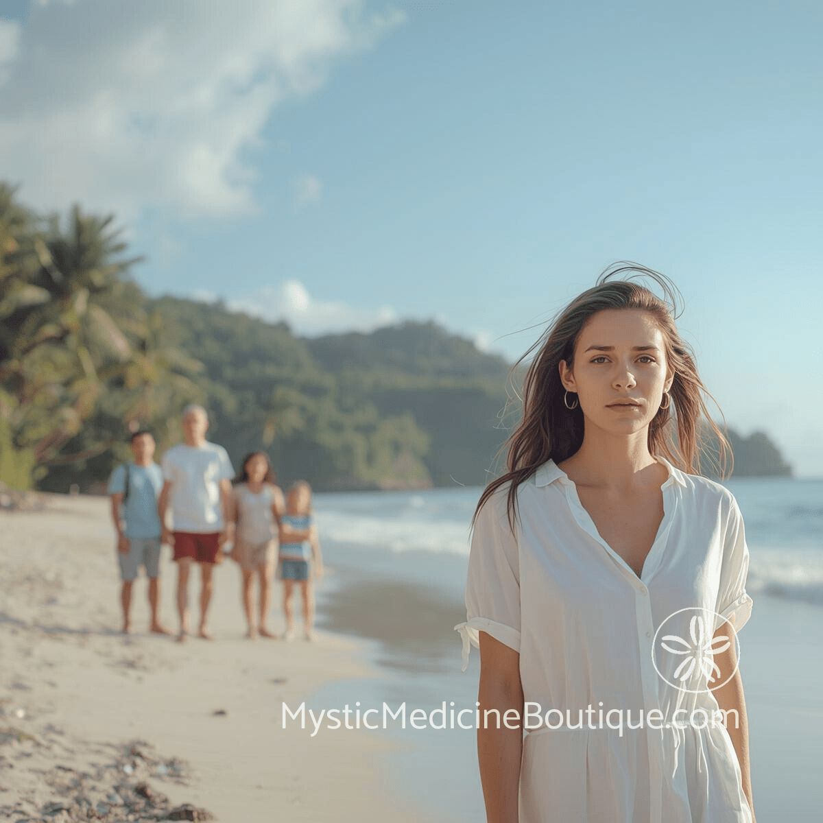 Woman standing apart on tropical beach with family behind her representing finding authentic voice and throat chakra expression within difficult family dynamics