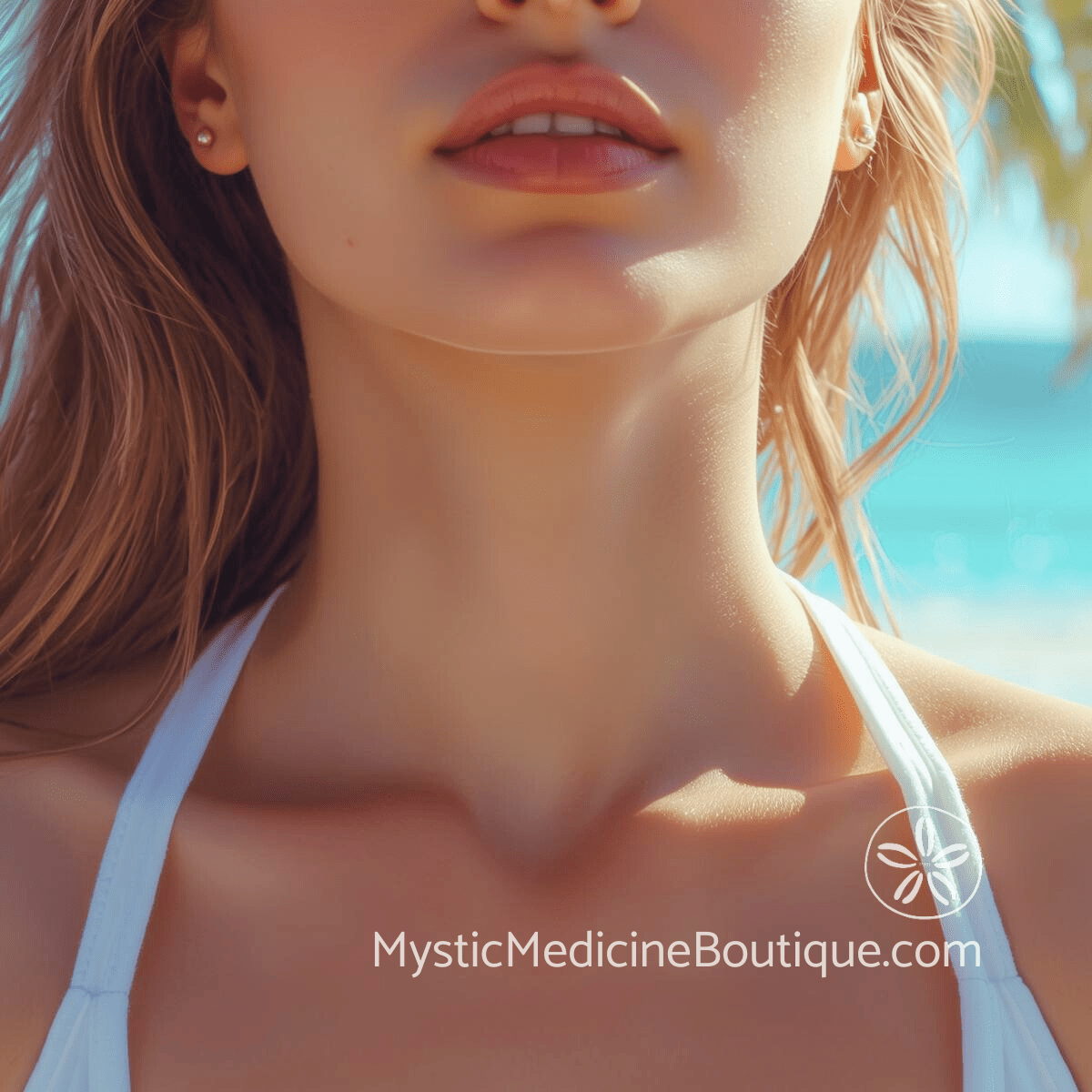 Close-up of woman's throat with turquoise water behind her representing the throat chakra energy center governing authentic expression and communication