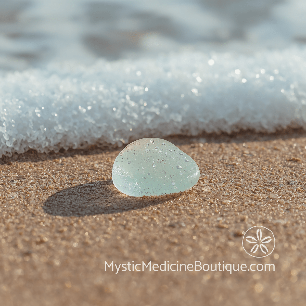 Pale blue-green sea glass on wet sand with ocean foam retreating — throat chakra blockage during spiritual emergency when you cannot speak your truth, explained by an RN Reiki Master