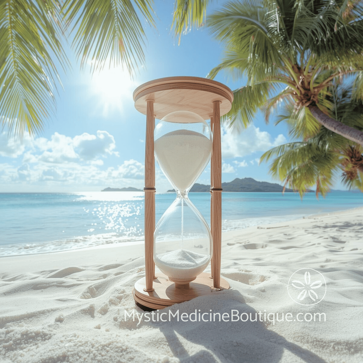 Hourglass on beach with palm trees representing time boundaries and protecting your schedule and energy from others' demands