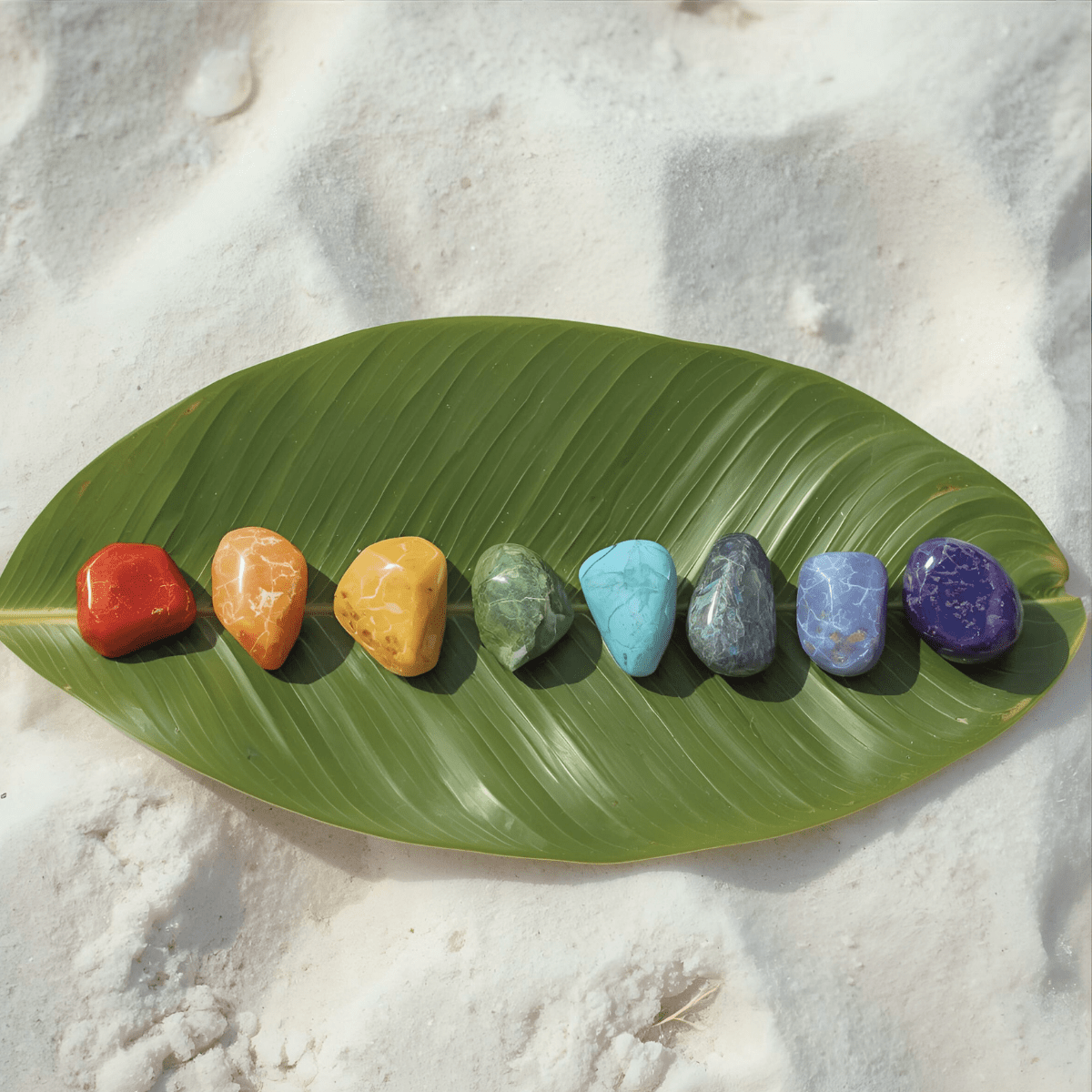 Seven chakra healing stones arranged on a tropical leaf representing the integrated energy healing and nursing approach to traumatic injury spiritual emergency