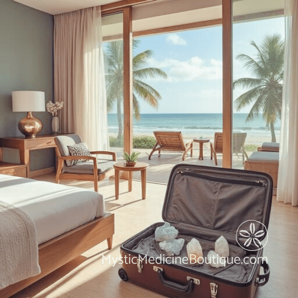 Tropical hotel room with open suitcase and crystals on bed, ocean view — travel psychic protection packing