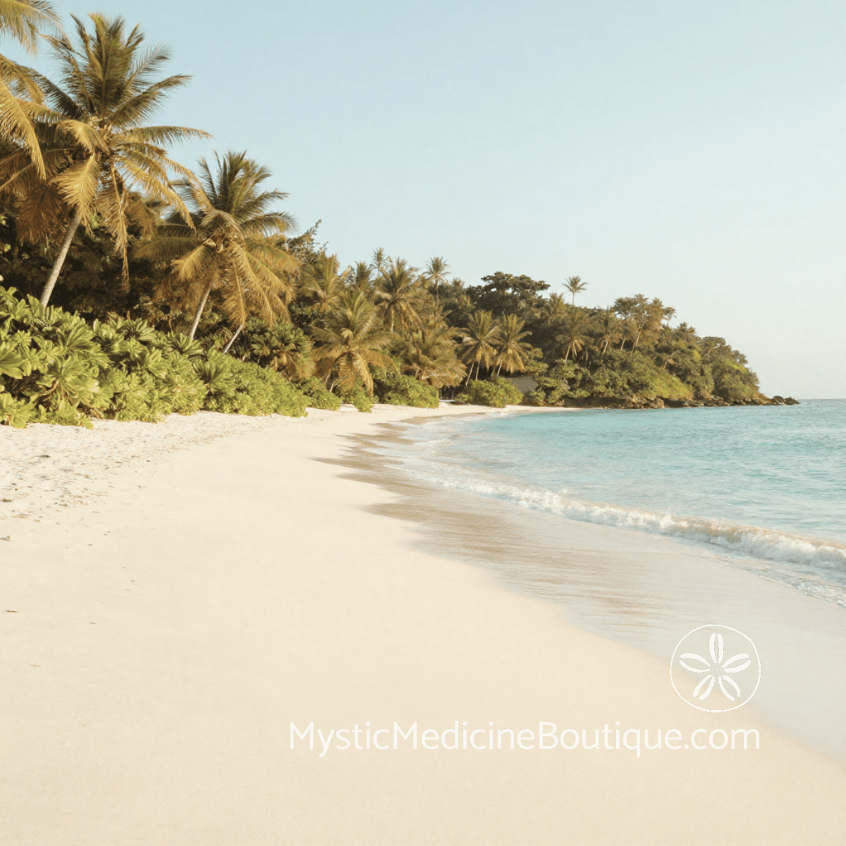 Serene tropical beach with gentle turquoise waves and golden light representing spiritual sanctuary and burnout recovery — Mystic Medicine Boutique