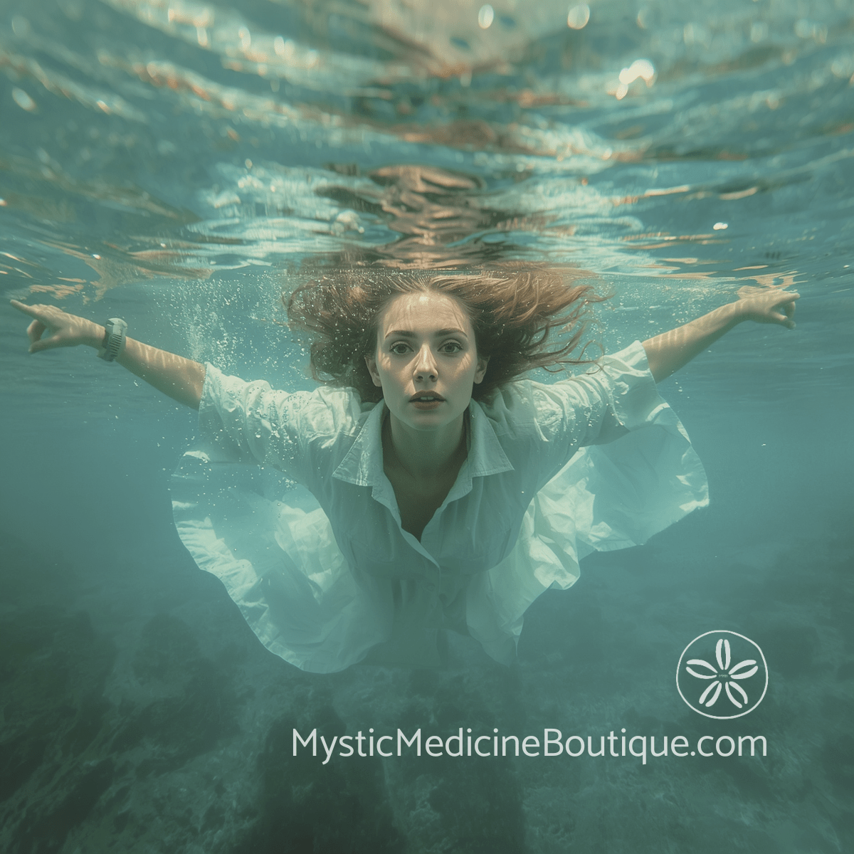 Woman suspended underwater in white clothing representing the spiritual overwhelm and loss of direction caused by financial ruin and spiritual collapse