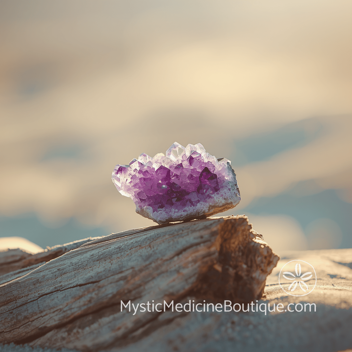 Amethyst crystal cluster on driftwood at golden hour — warning signs of chakra imbalance during spiritual emergency from an RN Reiki Master