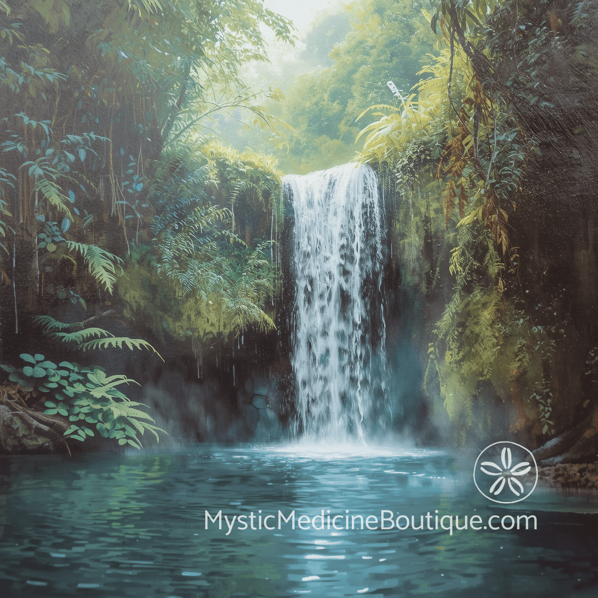 Warning signs of kundalini awakening — tropical rainforest waterfall with mist and still pool representing spiritual emergence and consciousness shift support from an RN and Reiki Master