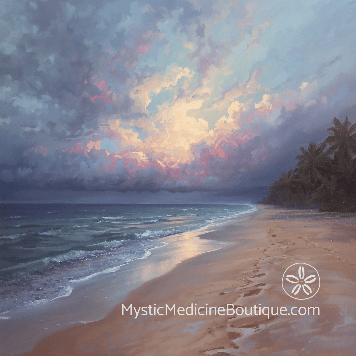 Tropical beach at stormy dusk with dramatic clouds and teal waves — shadow work during illness and grief spiritual emergency support by Mystic Medicine Boutique