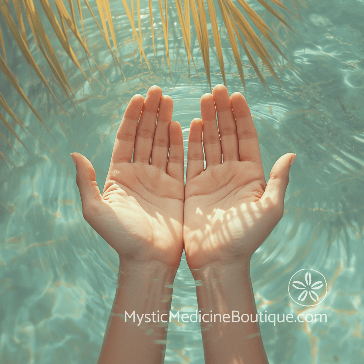 Open hands raised in surrender over sunlit turquoise water with palm frond shadows, symbolizing empath sensitivity overwhelm and the warning signs before burnout