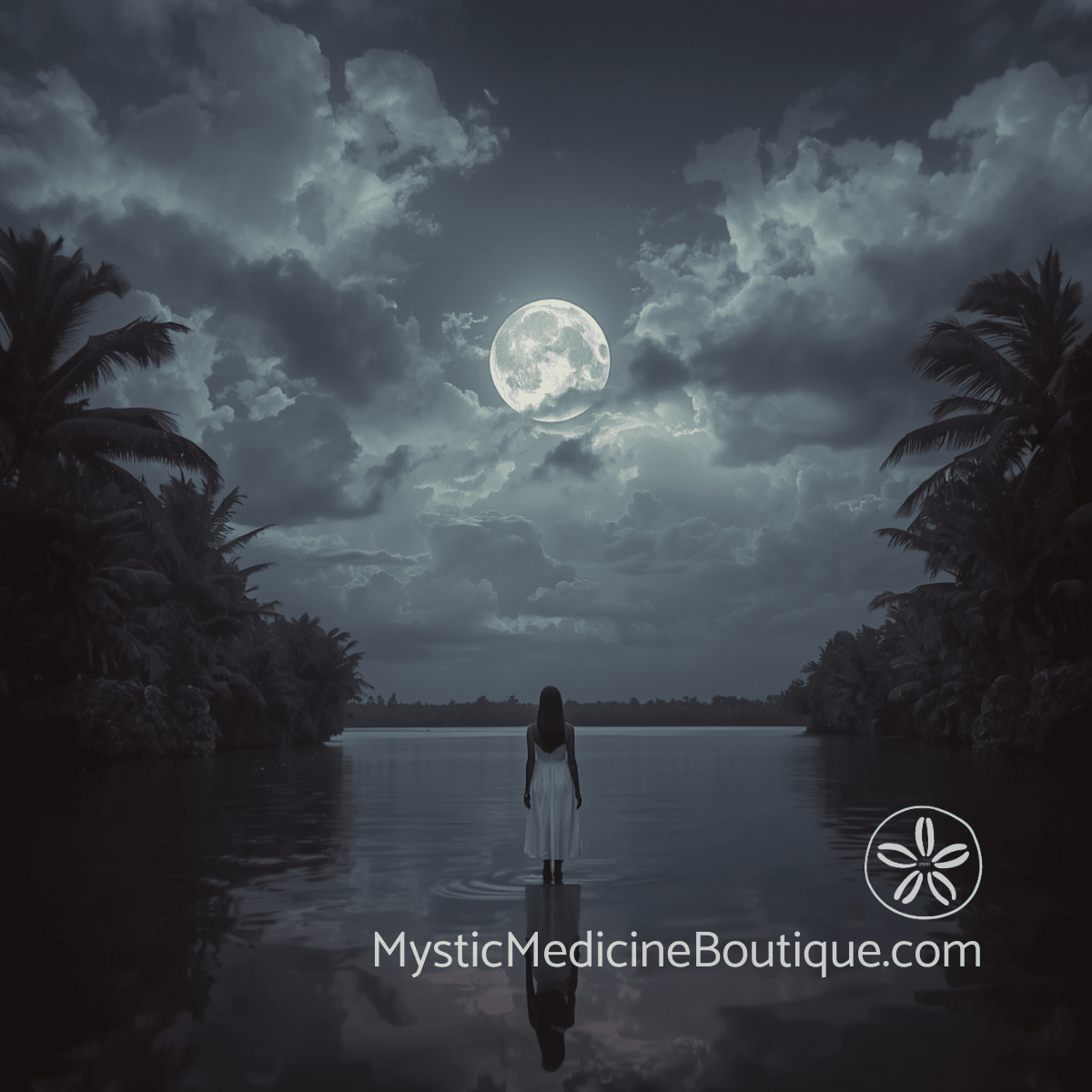 Woman standing in moonlit tropical lagoon at night surrounded by palm trees, representing the dark night of the soul spiritual emergency and faith crisis warning signs