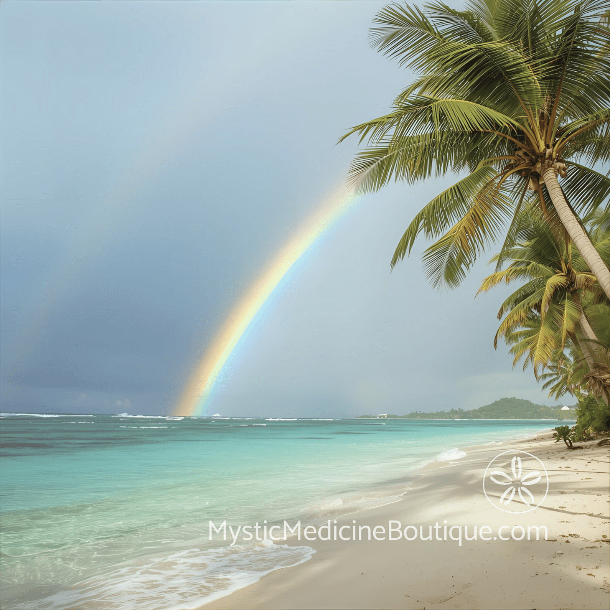 Tropical beach with rainbow and palm trees representing wedding spiritual emergency and why marriage triggers identity crisis and transformation