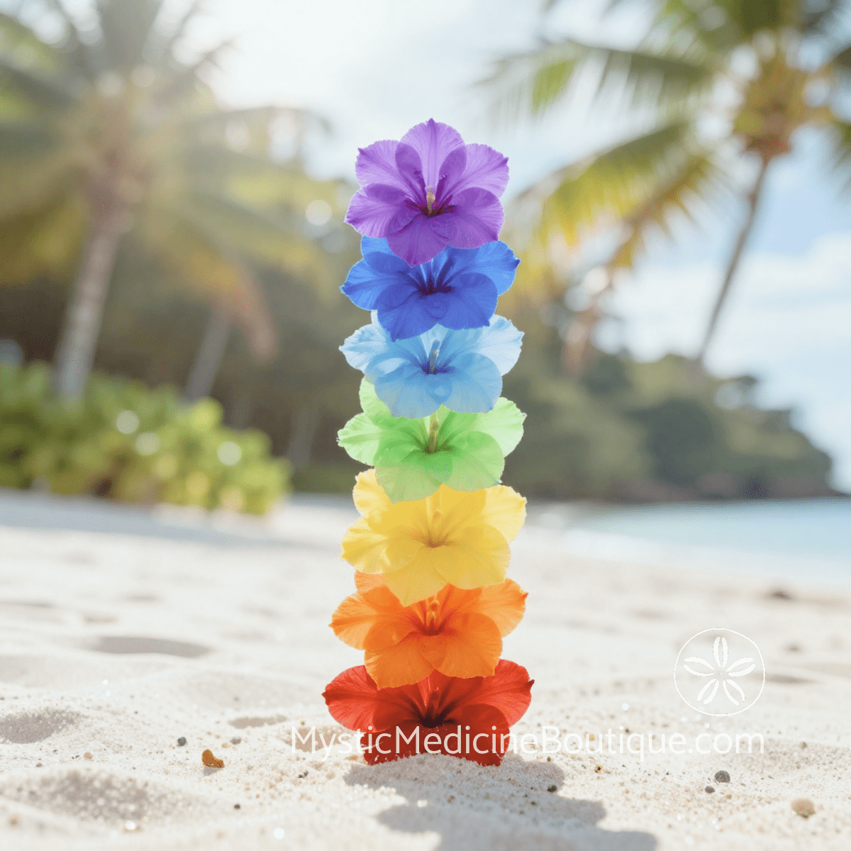 Seven rainbow chakra flowers stacked on a beach representing chakras during spiritual emergency