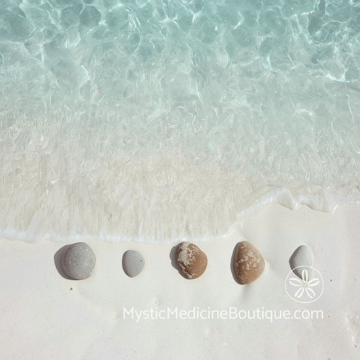Five smooth stones in a row on white sand at the water's edge with clear turquoise water behind them.