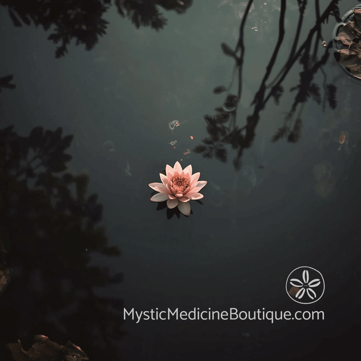 Pink lotus flower floating on dark still water surrounded by tropical tree reflections — warning signs of kundalini awakening
