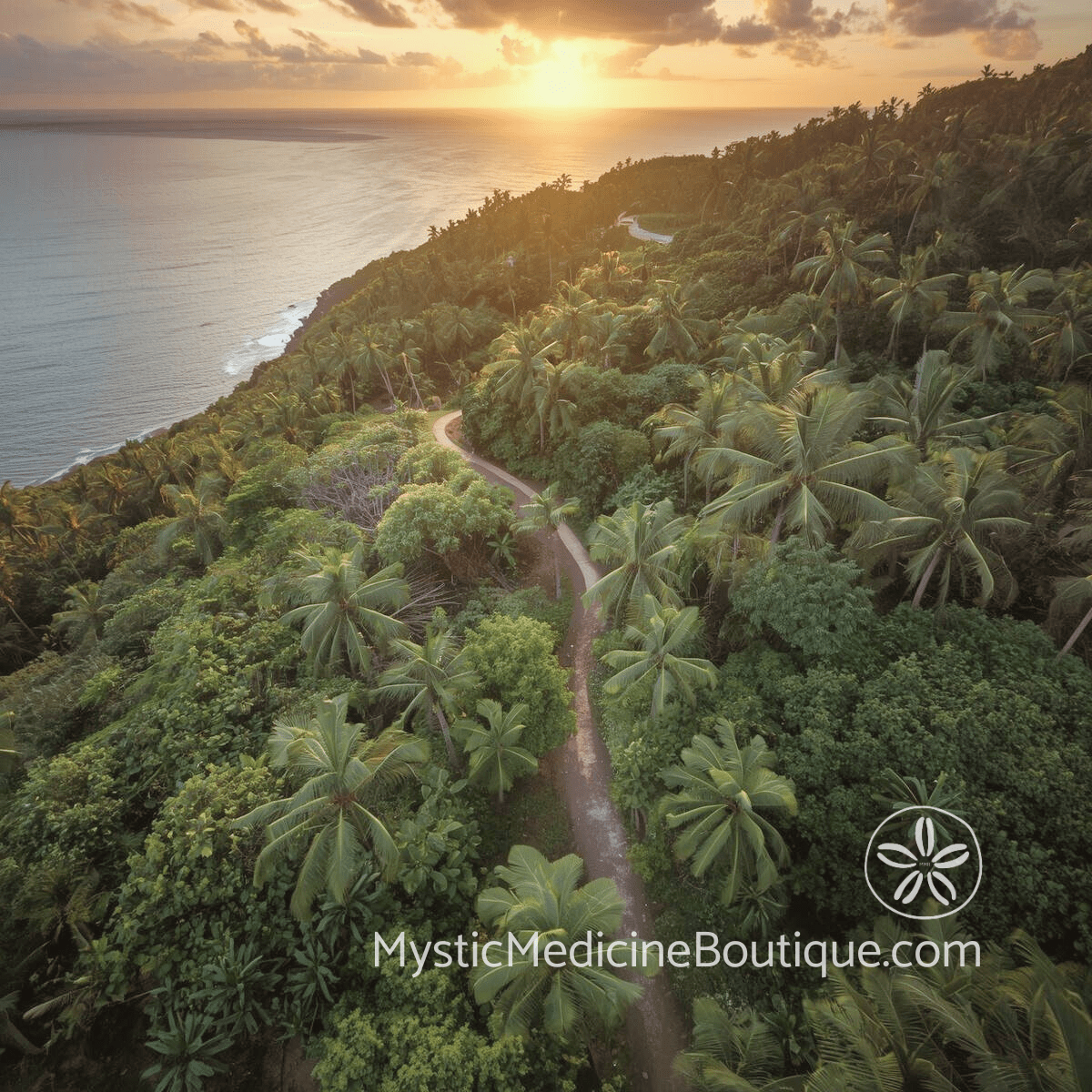 Aerial view of a winding coastal path through dense tropical palm forest leading toward a golden ocean sunset, representing the recognizable stages of faith crisis and the Dark Night of the Soul as a passage with an end