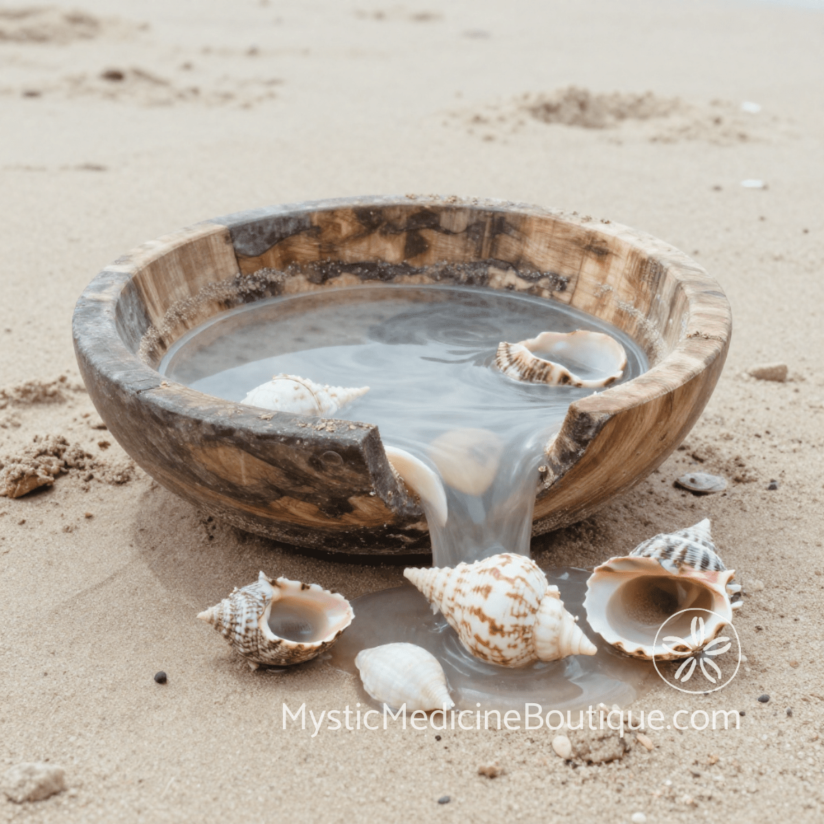 Wooden bowl overflowing with water on coastal beach representing what causes spiritual burnout through chronic over-giving — Mystic Medicine Boutique