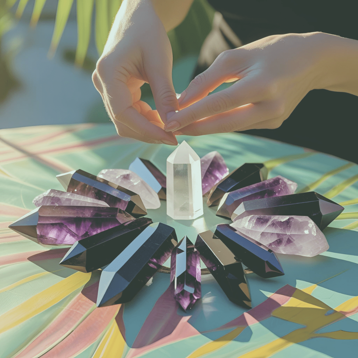 Hand placing clear quartz into a protective crystal grid with amethyst and black tourmaline representing the intentional energetic protection of spiritual boundary work