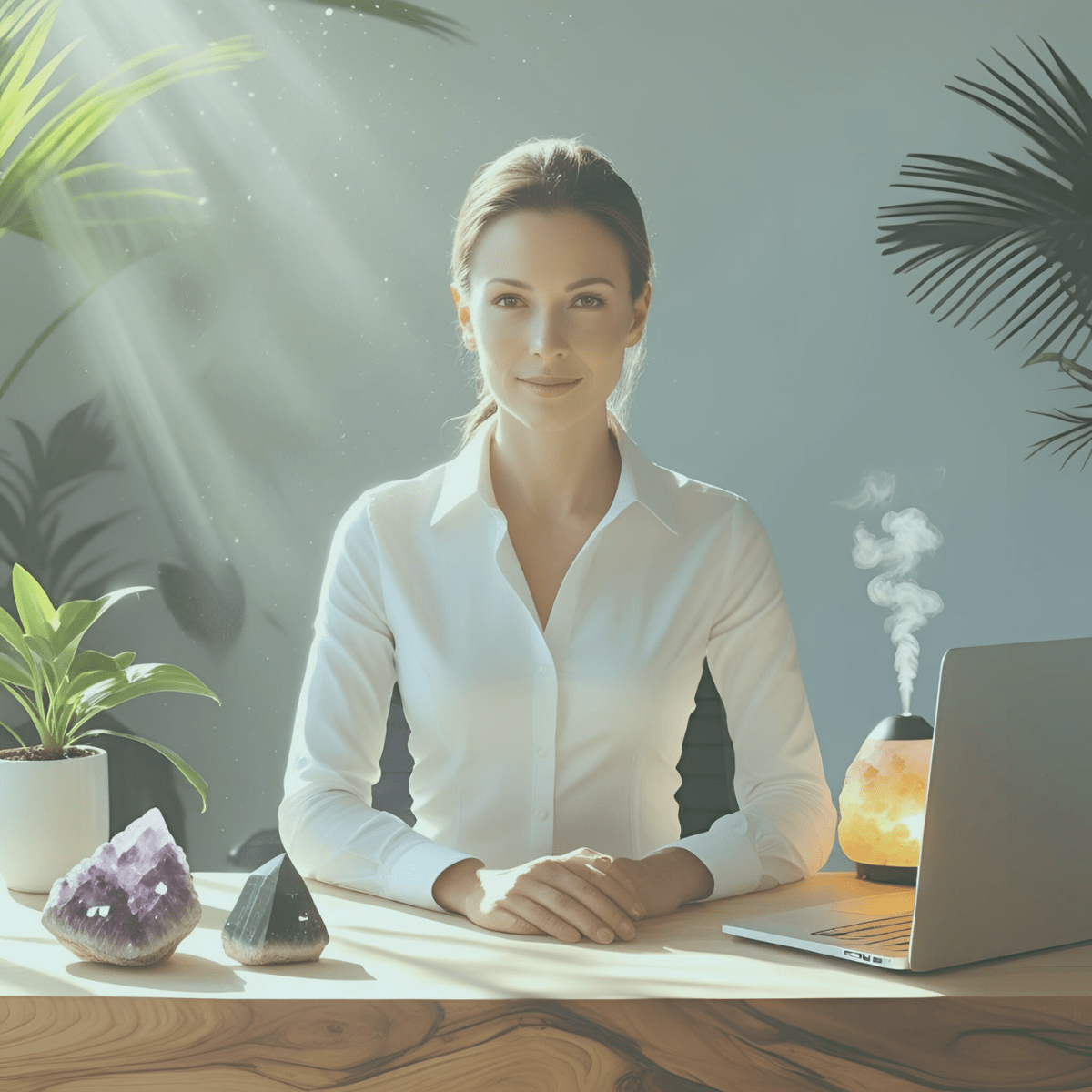 Woman in white at desk with amethyst and black tourmaline representing the awareness needed to identify and protect against energy vampire dynamics