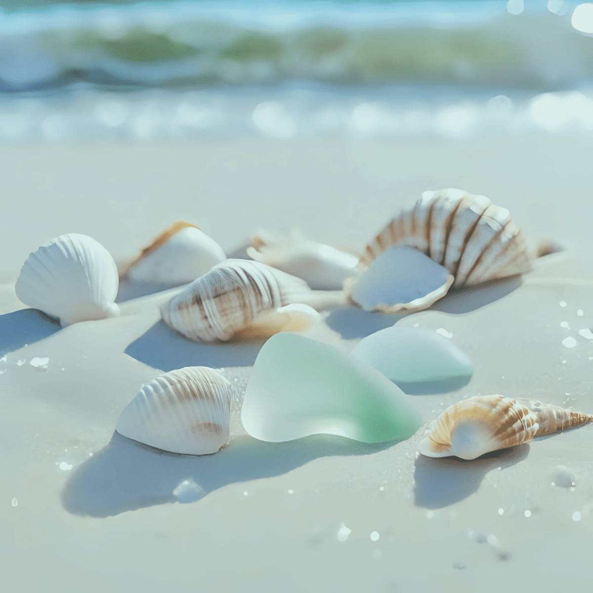 Seashells and sea glass on white tropical sand representing the spiritual grounding available during financial crisis spiritual emergency