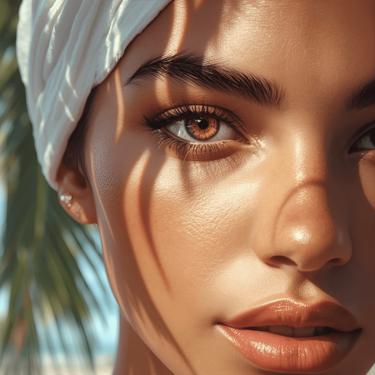 Woman with teal head covering and amber eyes representing the heightened awareness and inner clarity of intuitive awakening during spiritual emergency