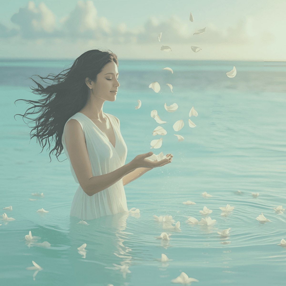 Woman in white dress standing in calm turquoise water with white flower petals floating around her hands and hair blowing in the wind, representing the profound spiritual truth-telling and identity transformation of a spiritual reckoning